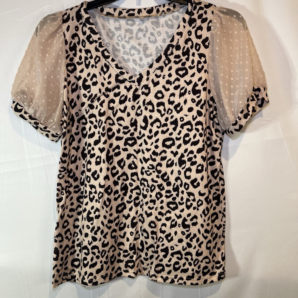 Womens Large Dalmatian Print Sheer Lace Sleeve V Neck Top Shirt Blouse Cream Tan